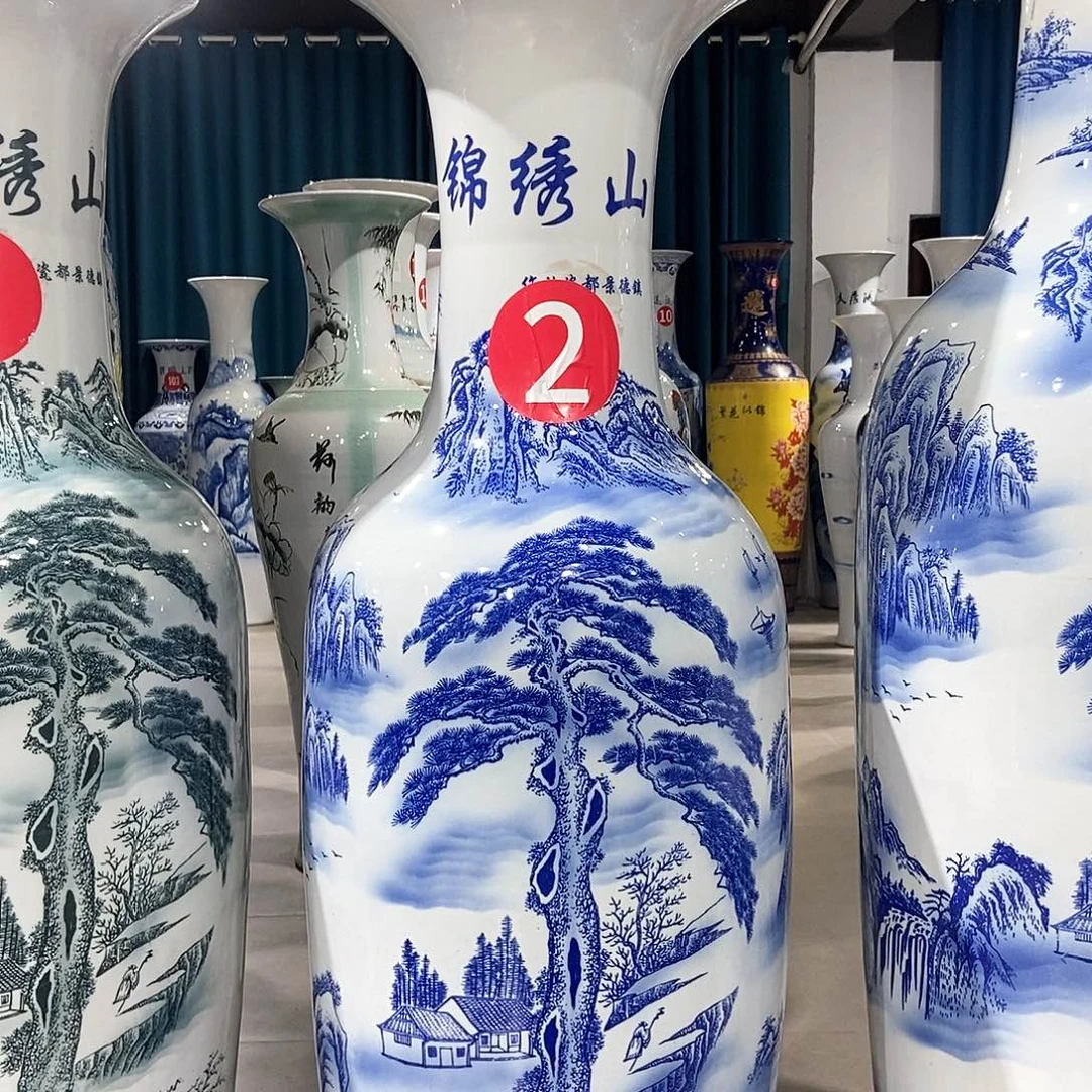 @***歌泥塑1.6米一个落地大花瓶，青花瓷锦绣山河