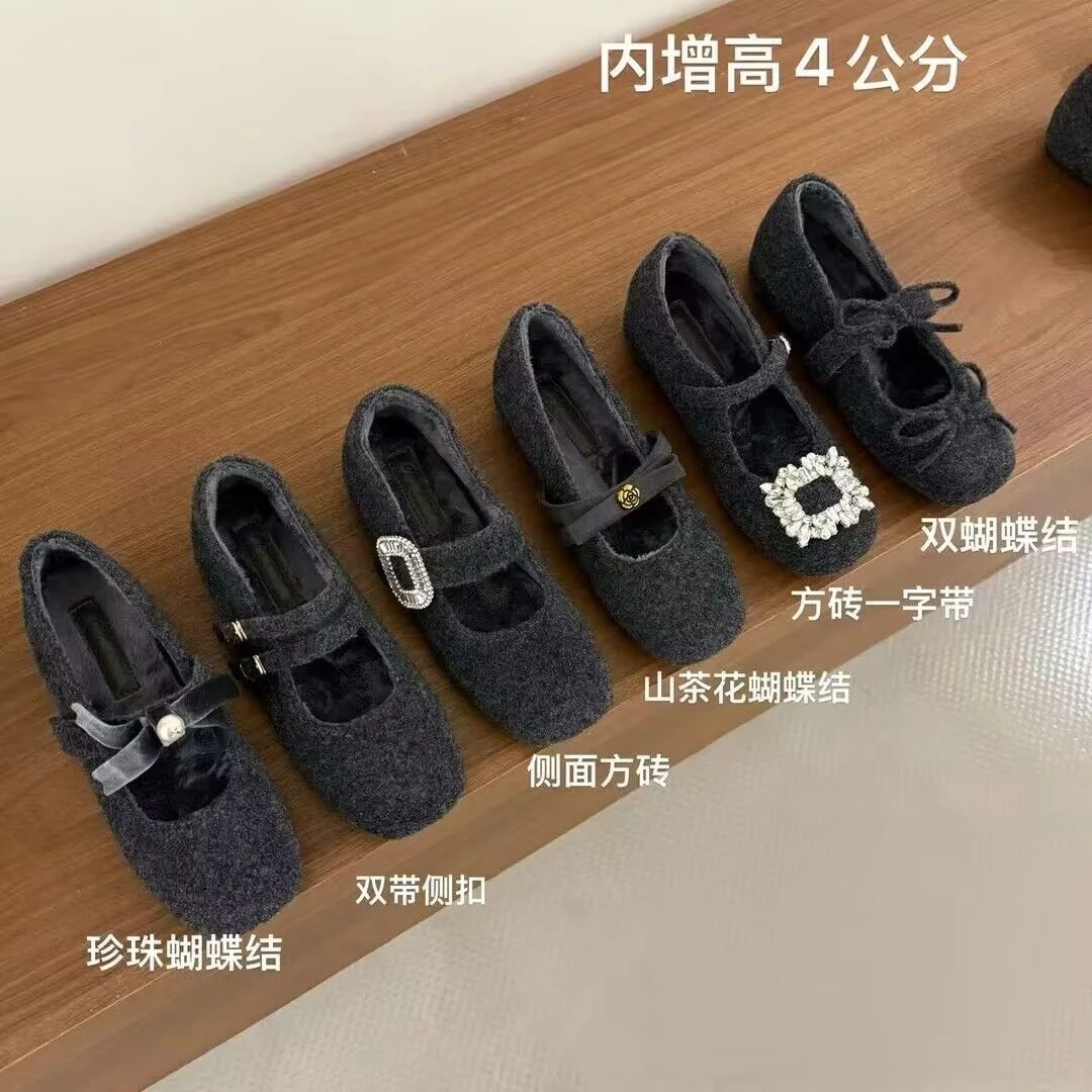 增高山茶花毛呢鞋灰色加绒单鞋保暖棉鞋女鞋子法式冬玛丽珍毛毛鞋
