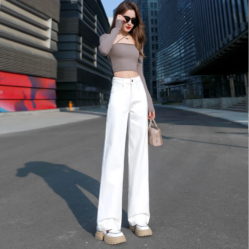 窄版直筒裤拖地裤子白色美式高腰阔腿牛仔裤女春夏款显瘦百搭秋冬