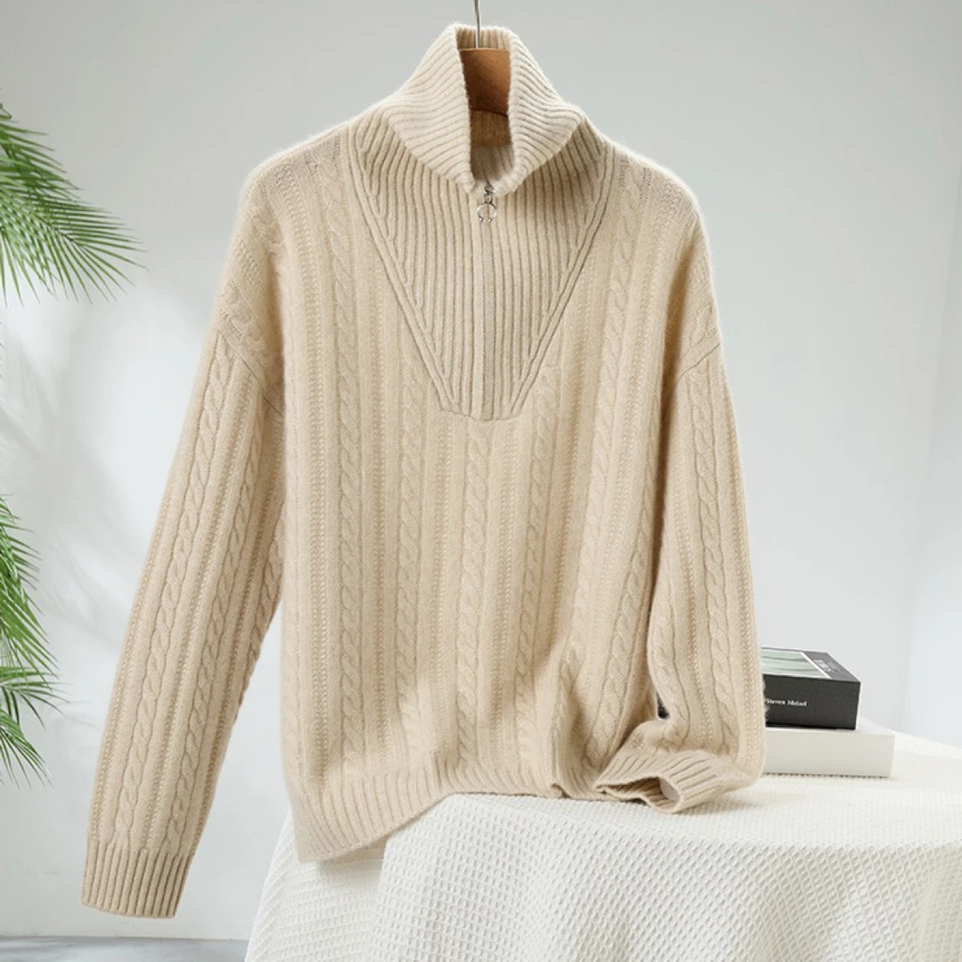 G554正品纯山羊绒衫 秋冬季女拉链翻领可高领 柔软保暖加厚宽松版