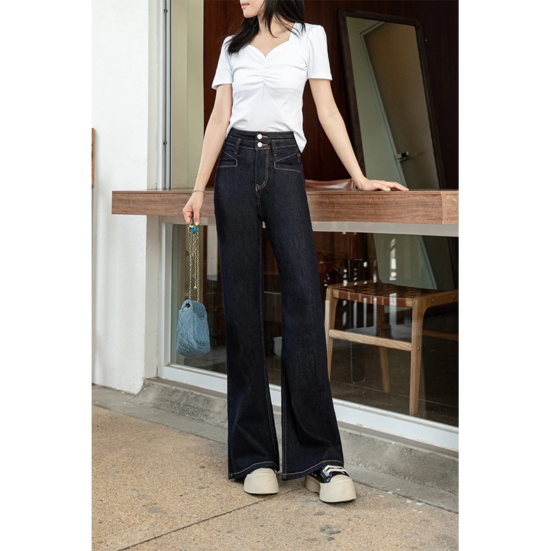 2025年春季新款简约垂感微喇牛仔裤高腰显高显瘦窄版微阔腿女裤子