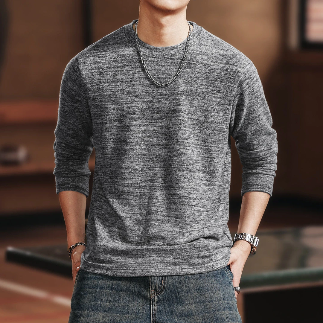 格蓝鹿美式复古重磅柔软花纱长袖T恤男秋冬款宽松磨毛内搭打底衫