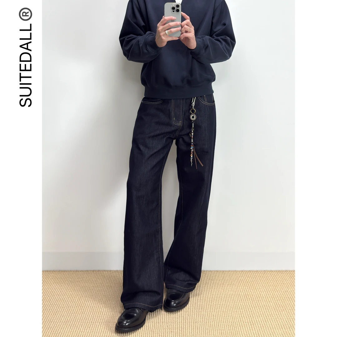 SUITEDALL“2021M”藏蓝原色牛仔裤 不褪色宽松直筒百搭微喇长裤子