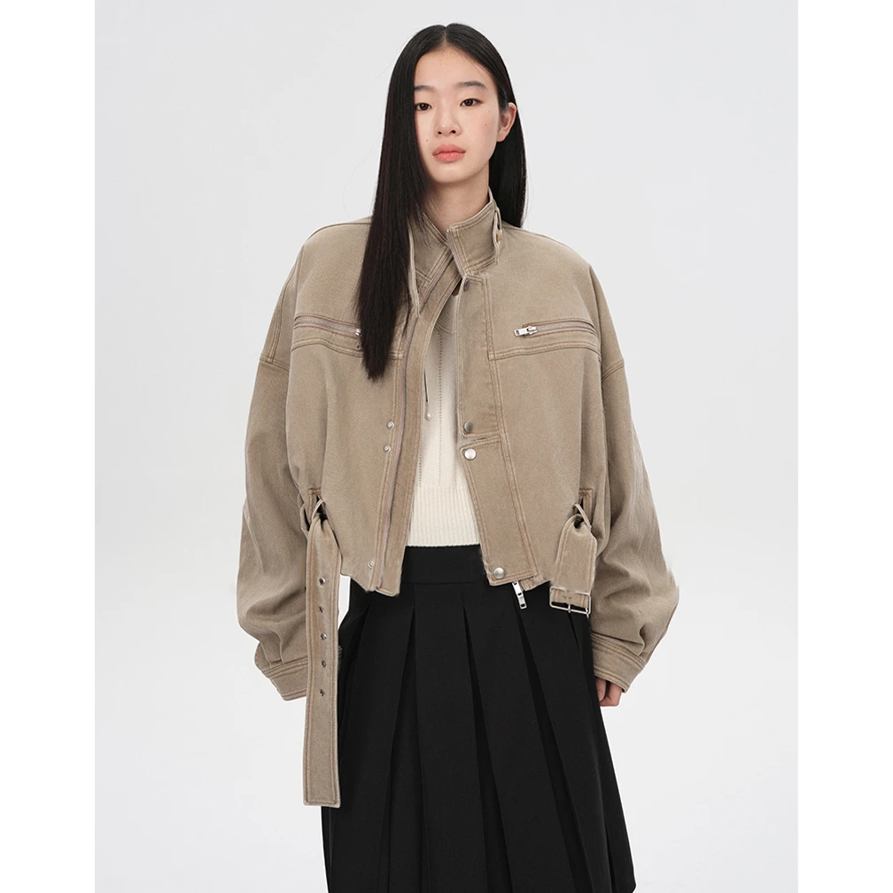 美式复古工装风立领短款机车夹克外套女2025秋季时尚潮流百搭上衣