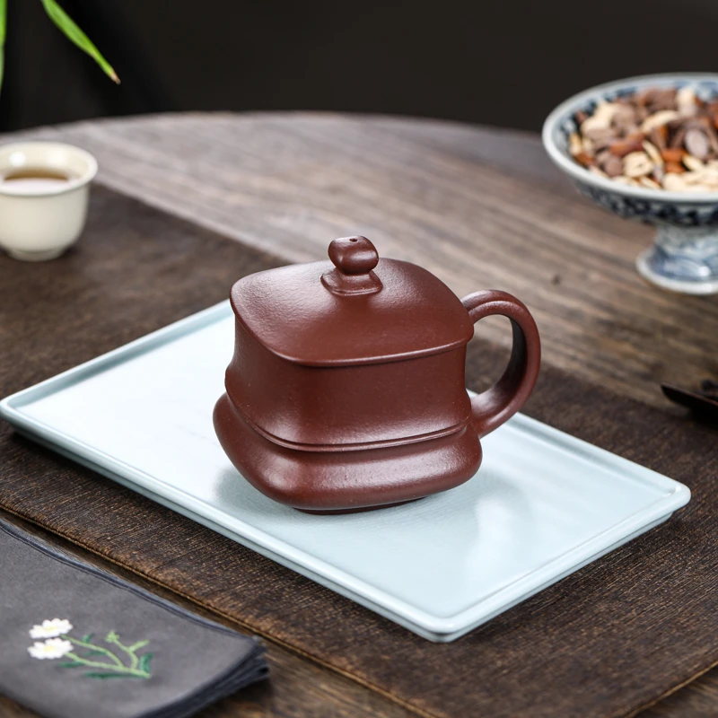 叶凡紫砂杯原矿底槽青喝水泡茶杯四方杯全手工带盖家用办公茶杯
