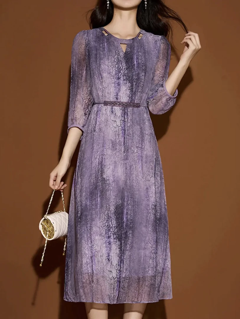 【紫夜星河】2025新款高贵夏季气质连衣裙收腰显瘦圆领时尚裙子
