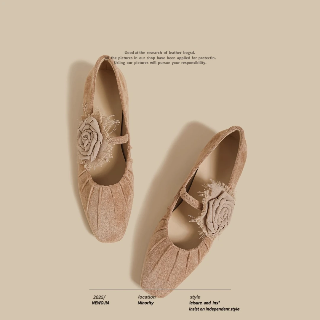 羊皮版~新款玛丽珍鞋女仙女气质花朵中粗跟芭蕾舞鞋外穿浅口单鞋