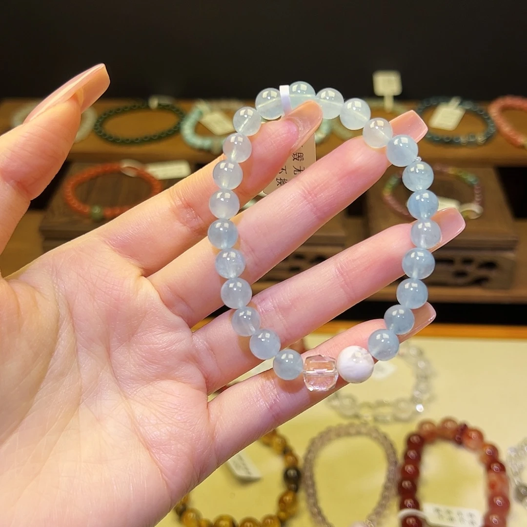 水晶手串银S925镀金镶嵌海蓝122