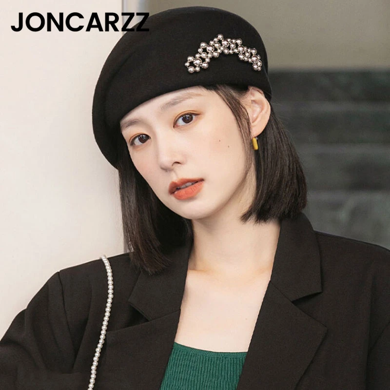 JONCARZZ羊毛贝雷帽女秋冬新款保暖洋气休闲大头围黑色圆顶帽子