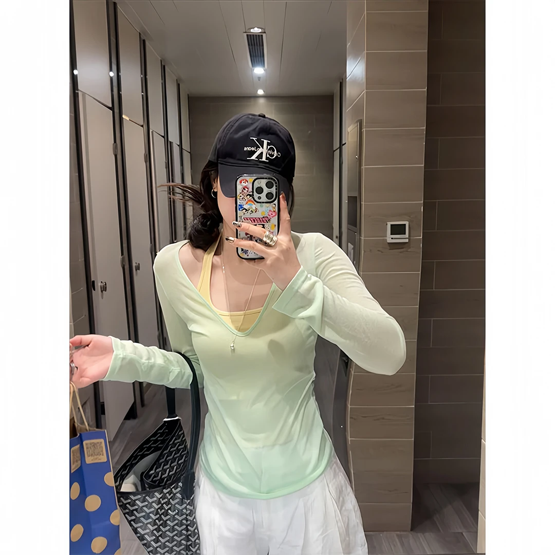 纯欲风休闲正肩V领罩衫新款夏季长袖t恤女修身显瘦辣妹背心