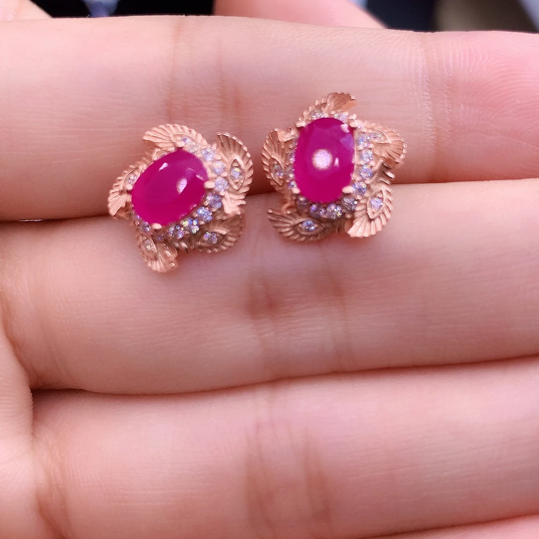 耳饰银S925镶嵌红宝石