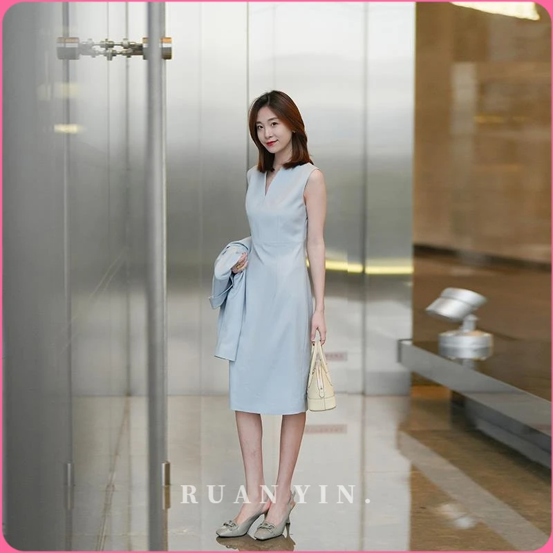 RUAN YIN25夏季新款清爽浅蓝色西装连衣裙套装西服外套修身显瘦职