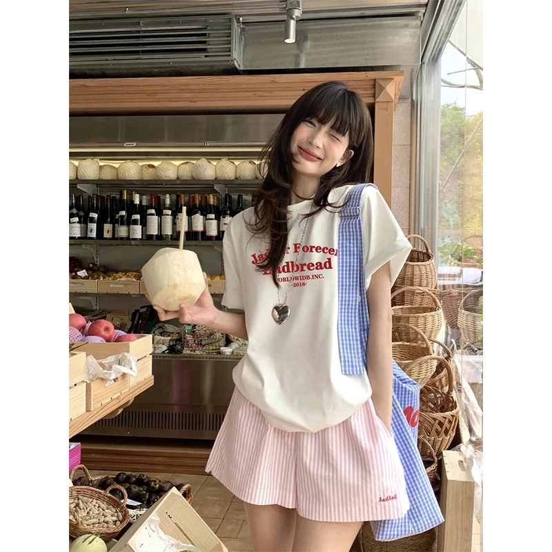 重磅红色字母印花简约百搭白色纯棉短袖T恤女oversize小众上衣服