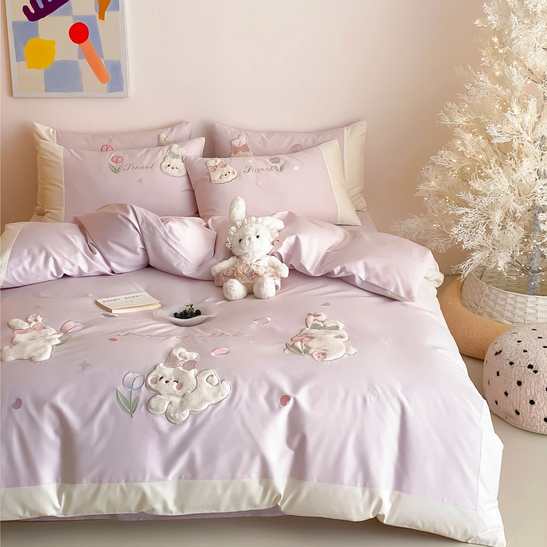 100（50*50）全棉长绒棉轻奢刺绣款可爱卡通四件套床品-小甜兔