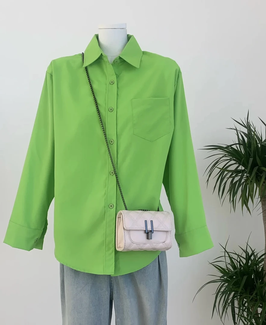 【港风美人】春夏慵懒风长袖衬衣绿色宽松女装衬衫韩版时尚小众上衣