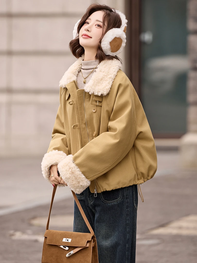 羊羔毛翻领短款羽绒服女2025冬新款韩版洋气小个子加厚保暖外套