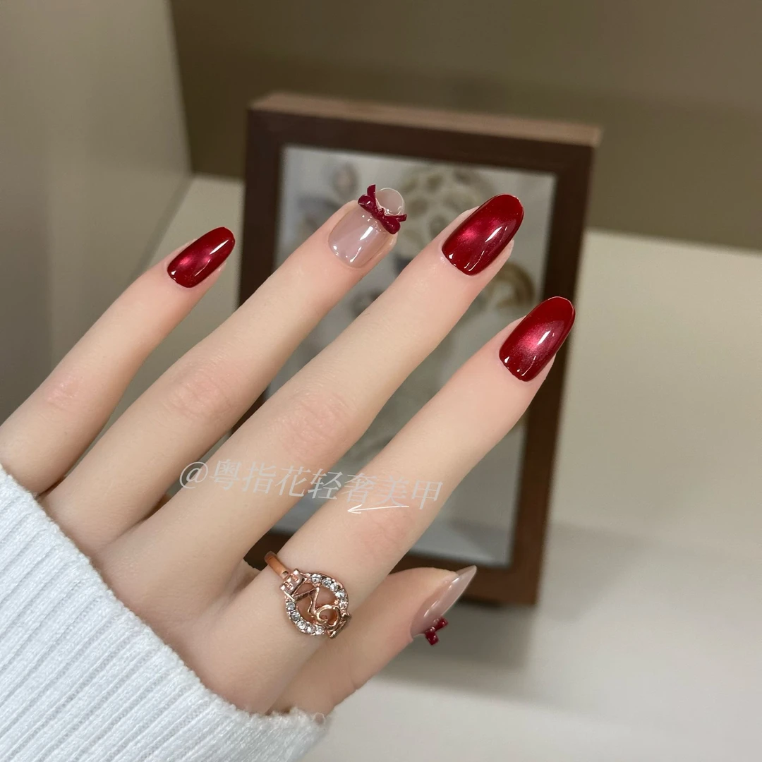 蝴蝶结玻璃珠猫眼显白穿戴甲可爱红色系穿戴甲高级感百搭短款美甲