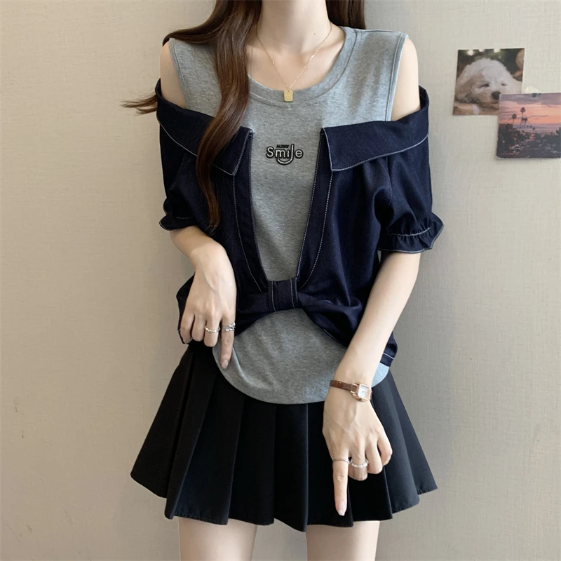 大码女装遮肚子设计感露肩打底衫女夏季胖妹妹显瘦不规则短袖上衣