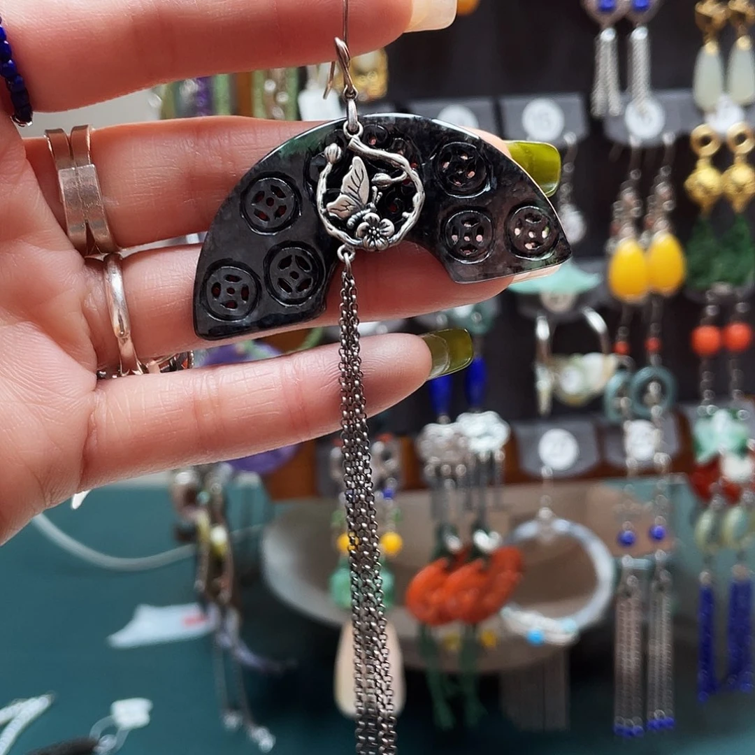 广***司翡翠银S925镶嵌耳饰饰品