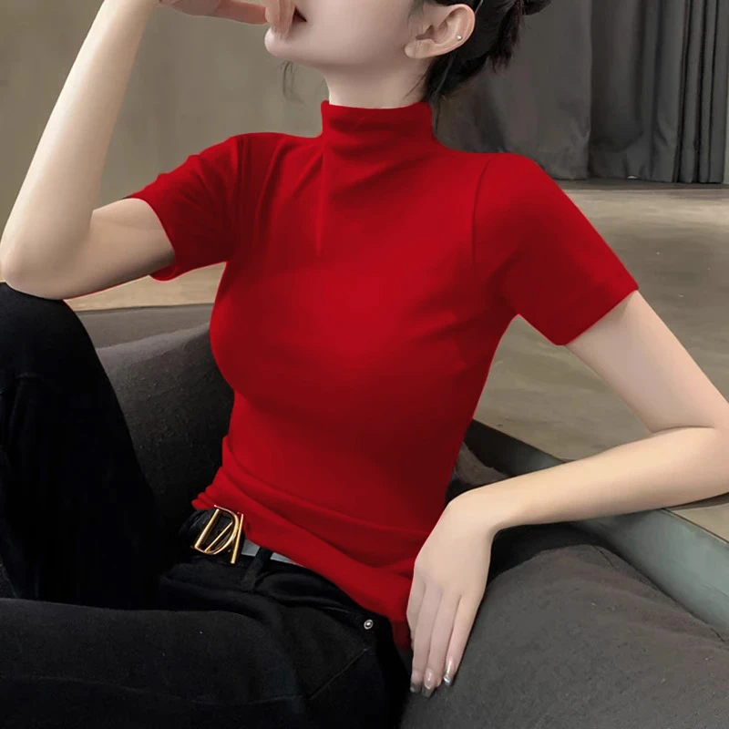 红色短袖T恤女针织半高领打底衫内搭春夏季洋气韩系修身半袖上衣