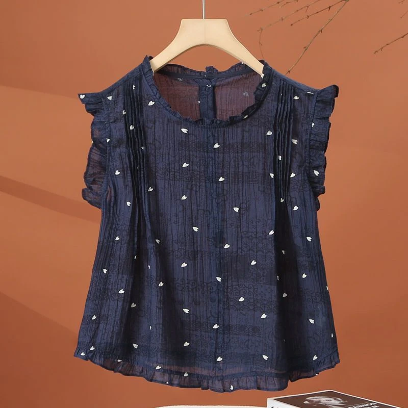 木耳边无袖碎花衬衫女夏季2025新款洋气减龄小衫时尚百搭女士上衣