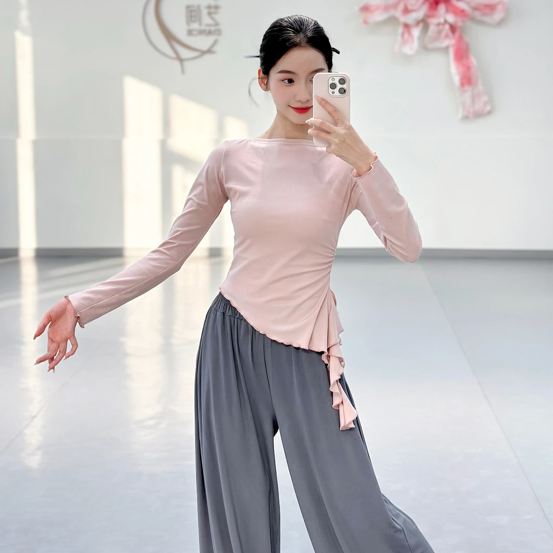 古典舞身韵荷叶边不规则上衣女现代舞长袖秋冬新款中国舞蹈练功服