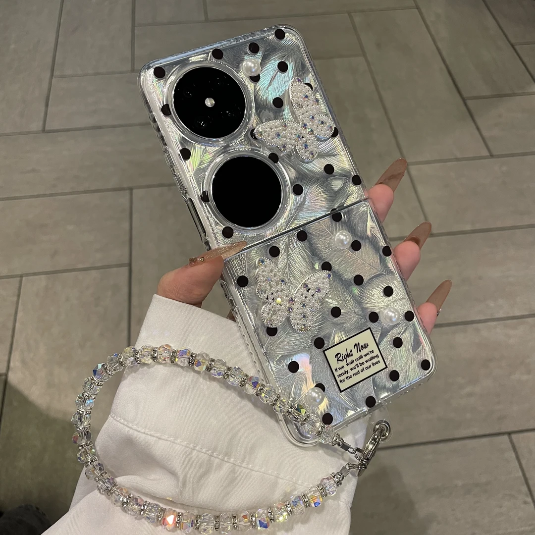 适用于华为pocket2手机壳波点羽毛纹IMD壳创意DIY珍珠蝴蝶手提壳