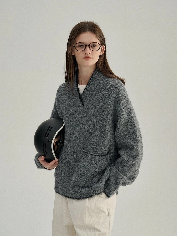 撞色不规则套头毛衣 6337