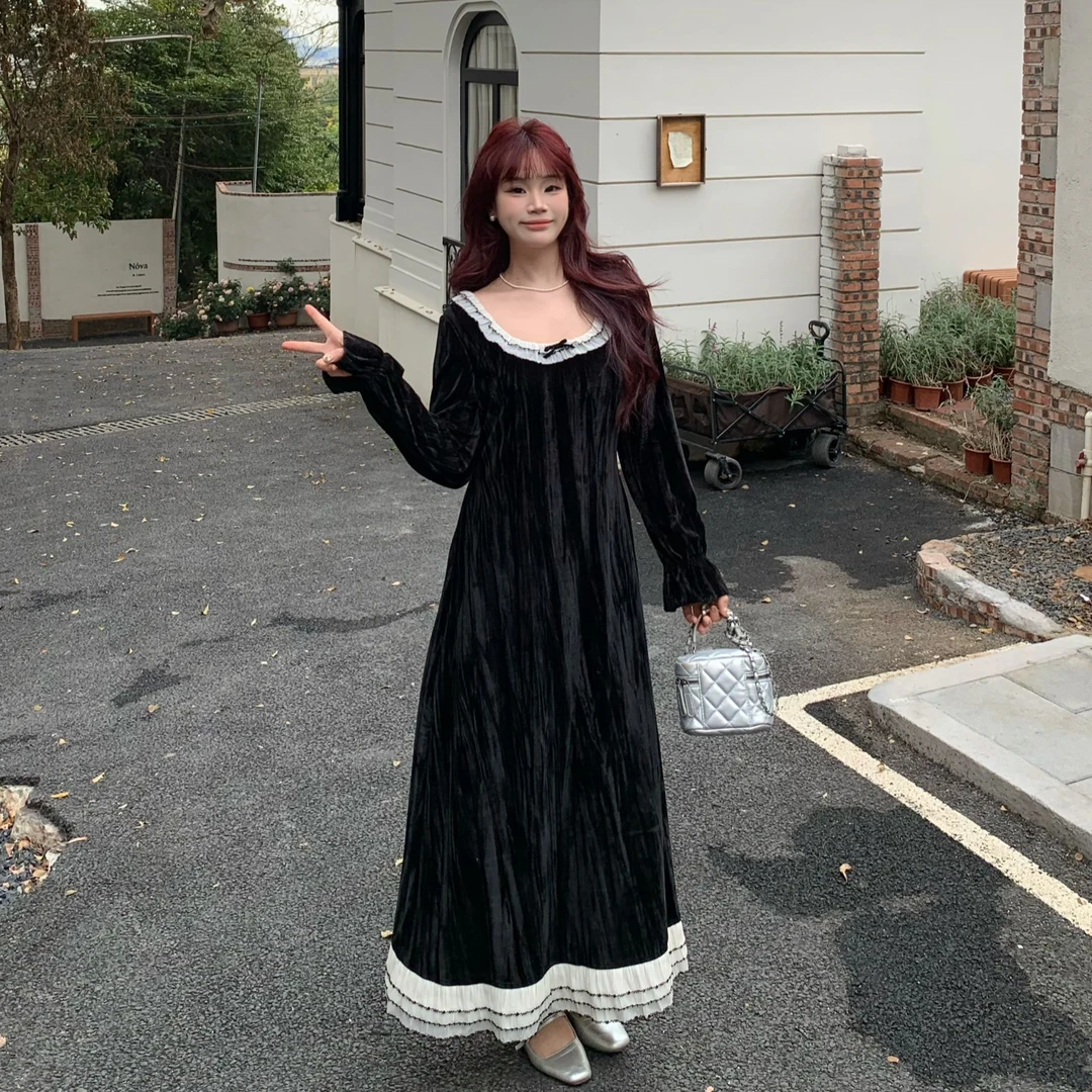 【晚宴慕斯】春季新款法式v领蕾丝边赫本风遮肚显瘦连衣裙-F0082