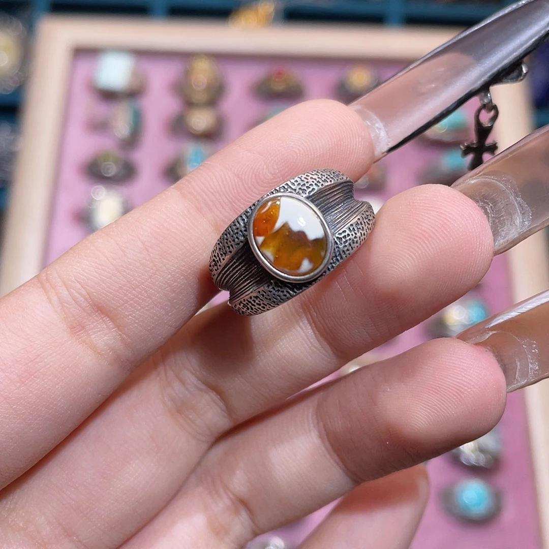 琥珀银S925镶嵌戒指