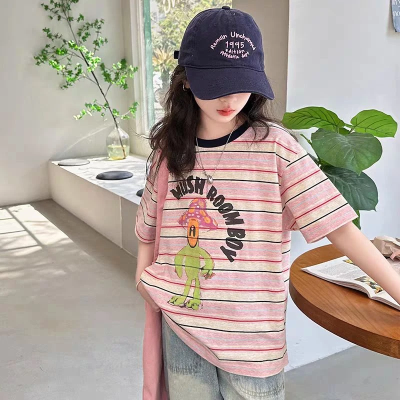 女童短袖t恤纯棉夏装2025条纹女孩中大童半袖t上衣夏季
