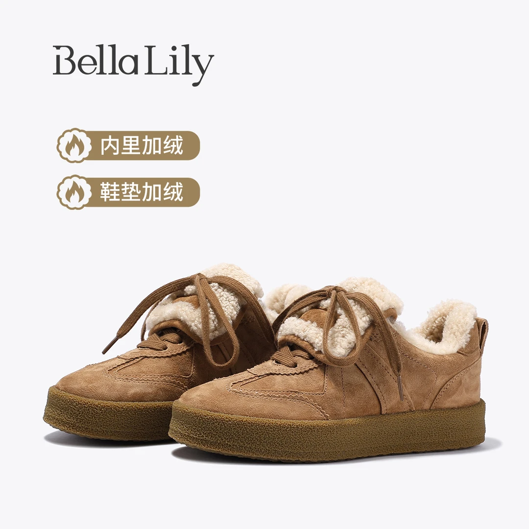 BellaLily2025冬季新款复古加绒德训鞋女个性毛毛休闲鞋牛皮板鞋