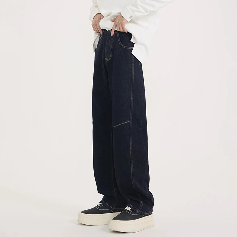 秋冬简约蓝色男女同款潮流宽松复古磨毛休闲香蕉直筒牛仔裤083
