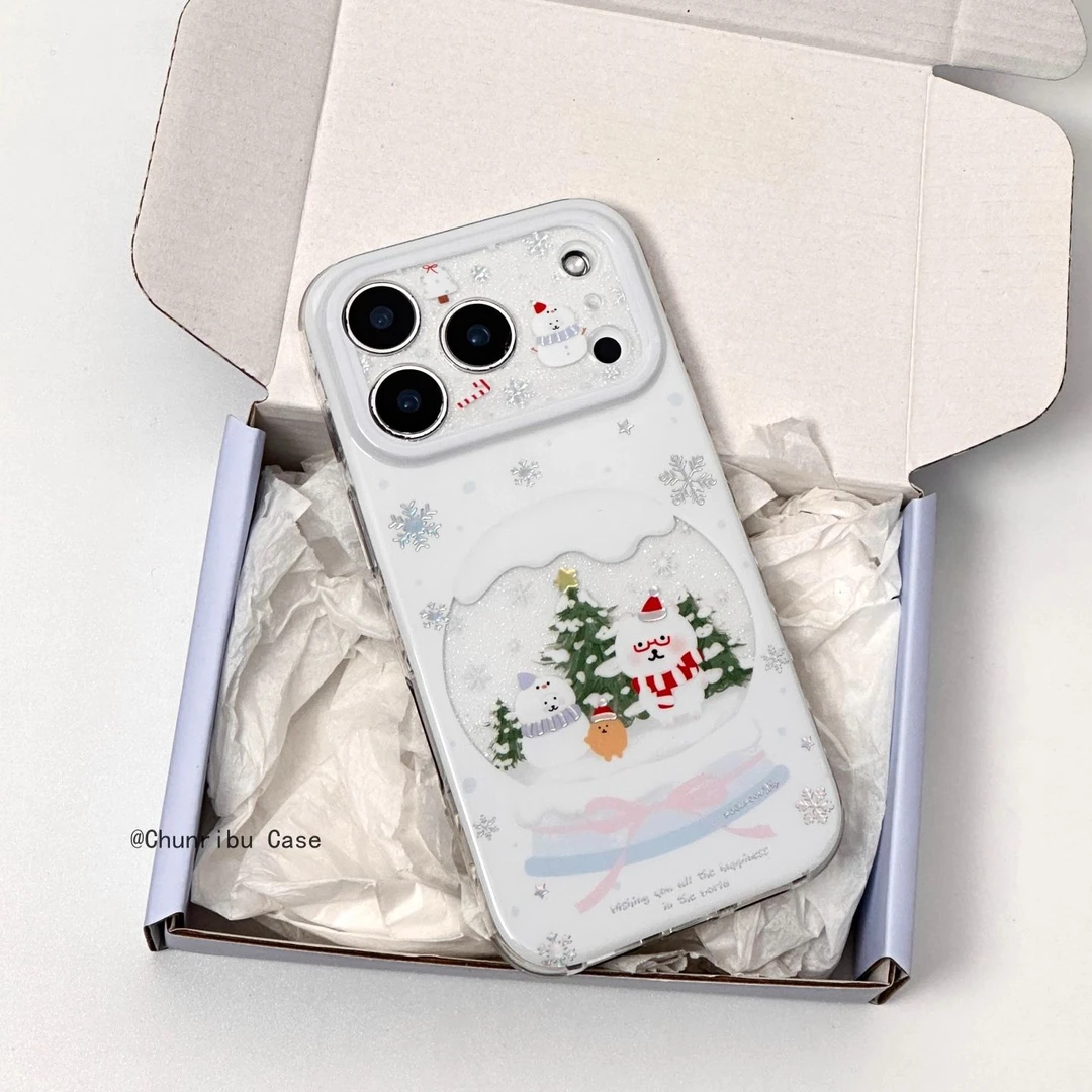 冬季雪天镂空水晶球雪人自嘲熊适用苹果17/16promax手机壳15/14