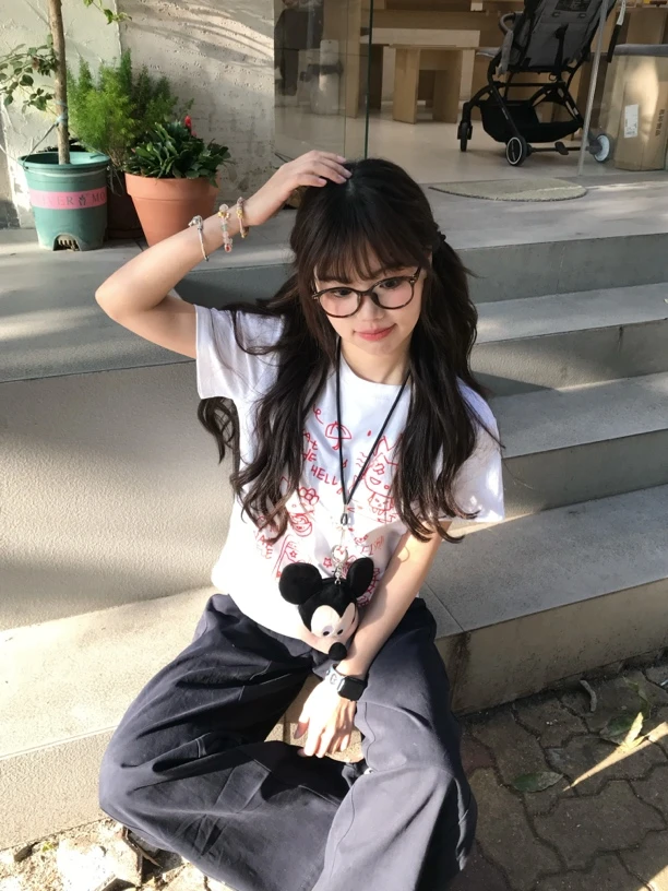 【咕噜泡泡】ins风简约kt印花正肩短袖T恤宽松百搭休闲风慵懒风上衣