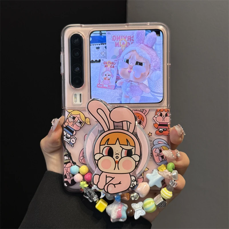 适用华为purax典藏版折叠屏手机壳pocket2透粉色哭娃磁吸支架链条