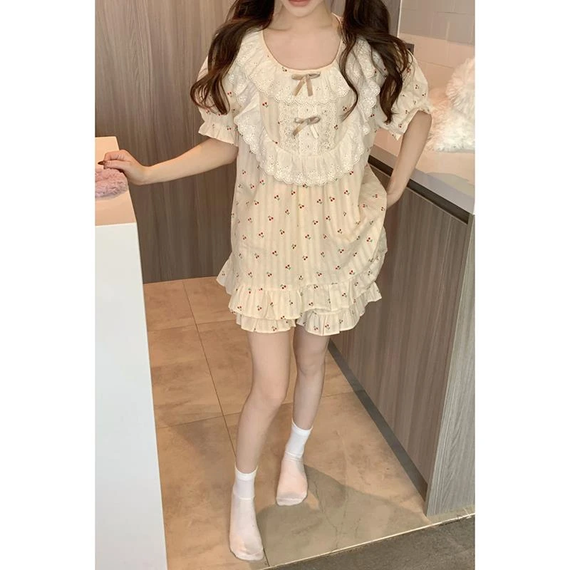 GPSUNLU夏季睡衣女款纯棉提花公主风蕾丝花边短袖短裤家居服套装