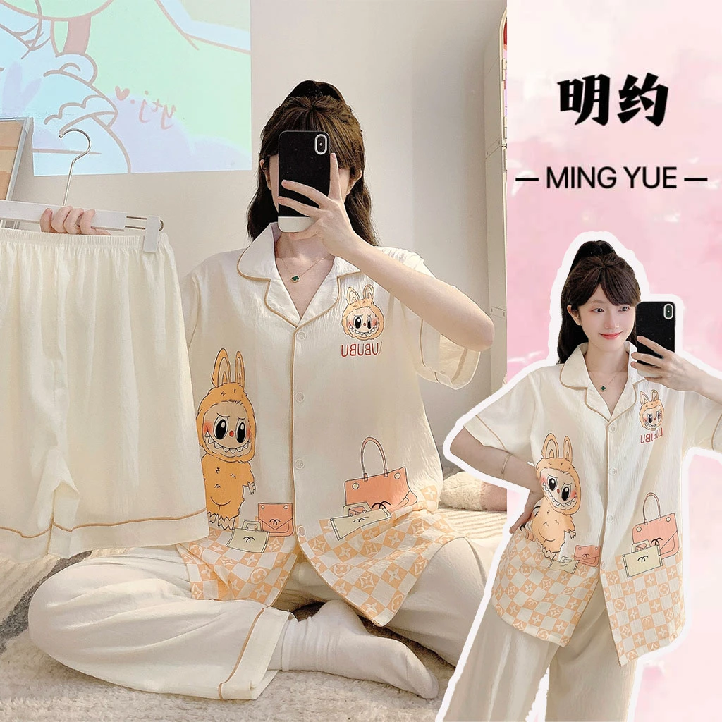 纾晳云/三件套2025新款睡衣女云朵棉夏季短袖宽松家居服大码套装