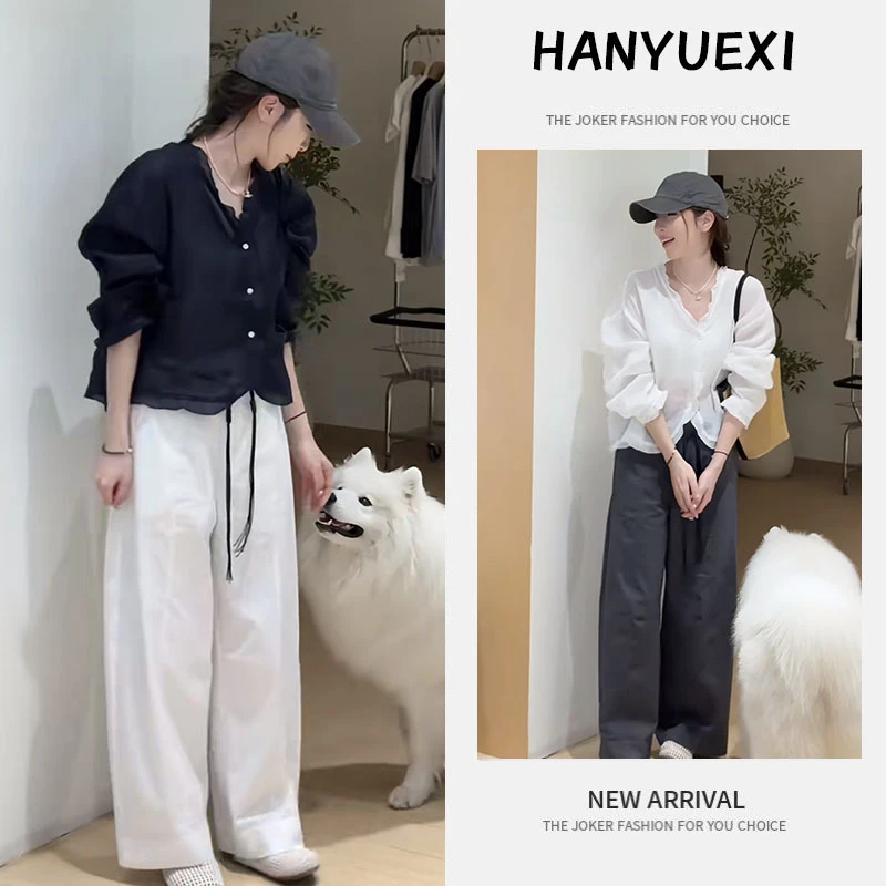 夏季时尚一整套女装2025新款韩版木耳边短款衬衫高腰休闲裤两件套