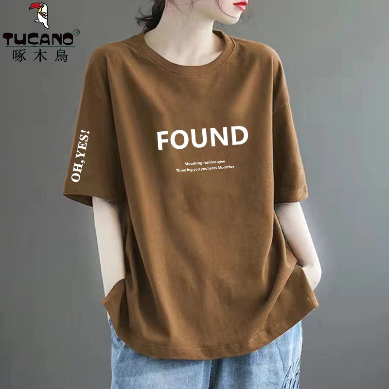 啄木鸟纯棉短袖t恤女新款宽松显瘦时尚减龄体恤圆领网红上衣韩版