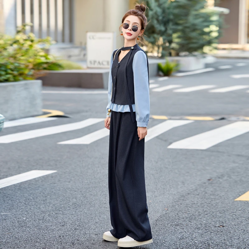 高级感拼接假两件衬衫女套装裤2025春季新款时尚气质显瘦两件套潮