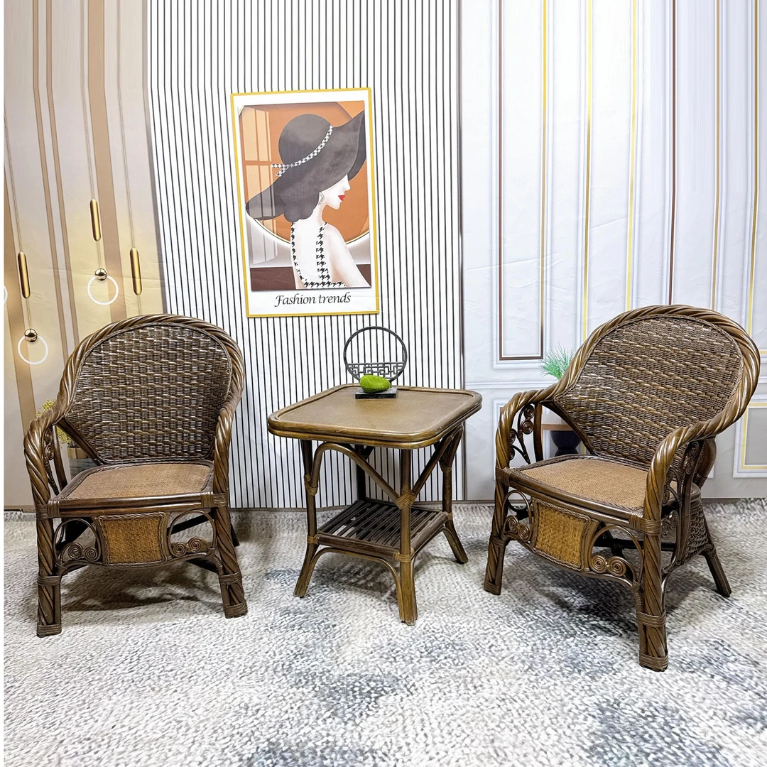 印尼玛瑙真藤家用阳台休闲椅藤桌椅中式靠背椅扶手椅三件套藤椅