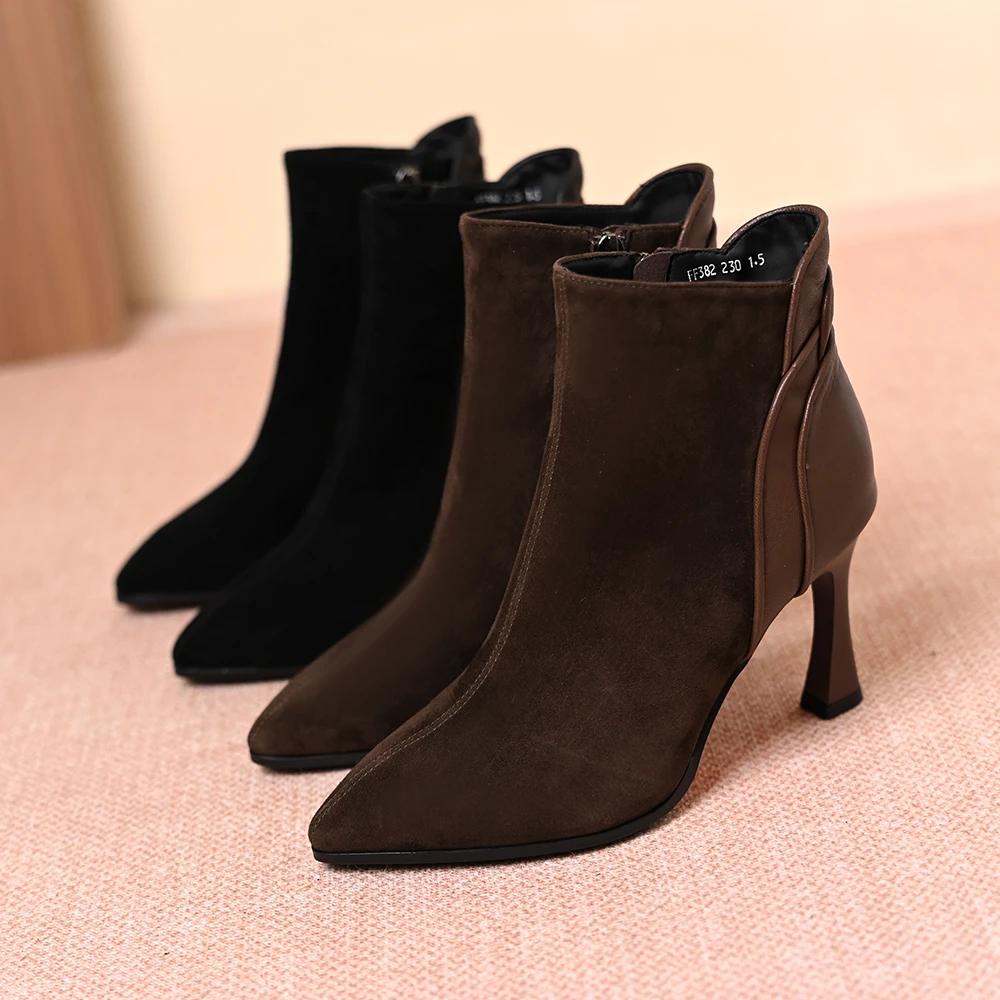 真皮羊皮尖头女秋冬2025新款舒适气质百搭瘦瘦靴加绒高跟短靴裸靴
