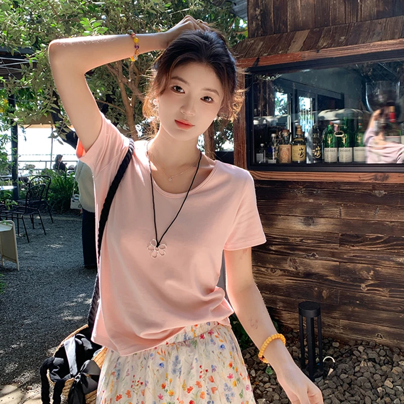 粉色V领正肩短袖T恤女2025新款夏季高级感半袖宽松显瘦上衣