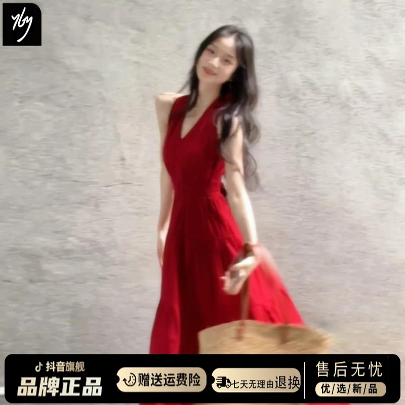 海边度假红色挂脖吊带连衣裙子女夏季新款高级感气质收腰沙滩长裙