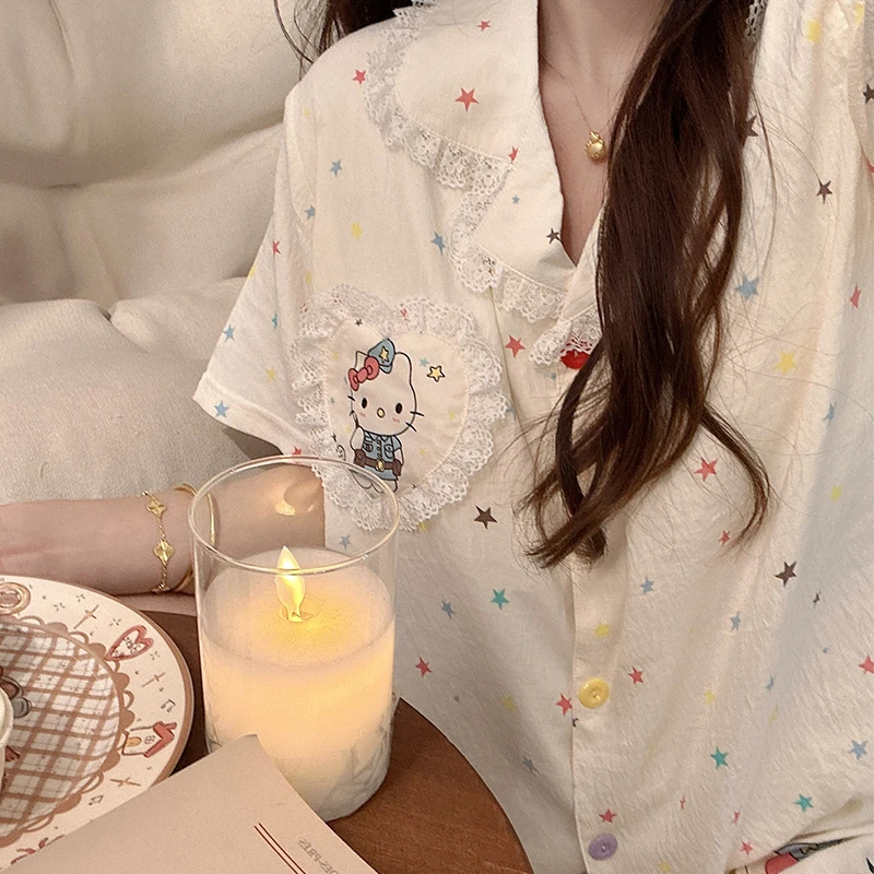 睡衣少女夏季韩版甜美可爱花边星星kitty短袖家居服套装学生薄款