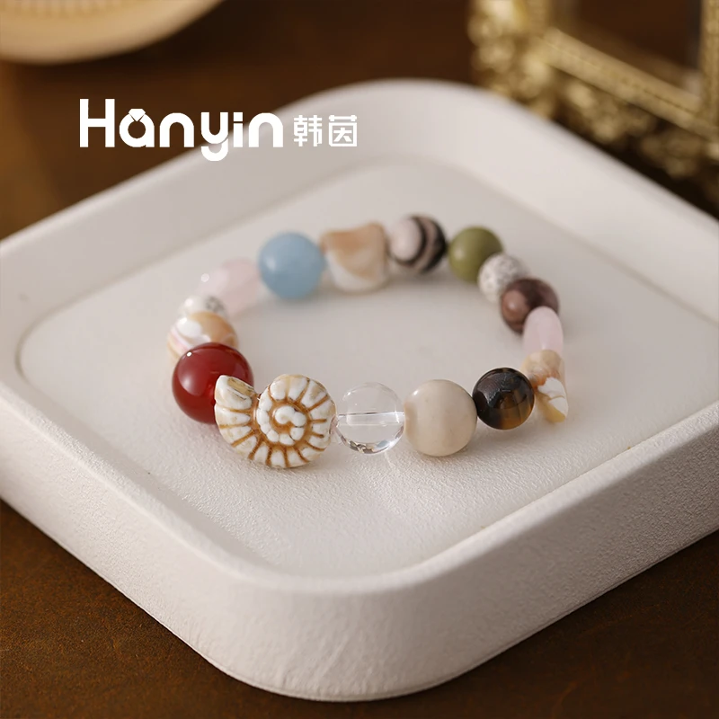14mm红玛瑙木变石海边度假风海螺弹力水晶手串