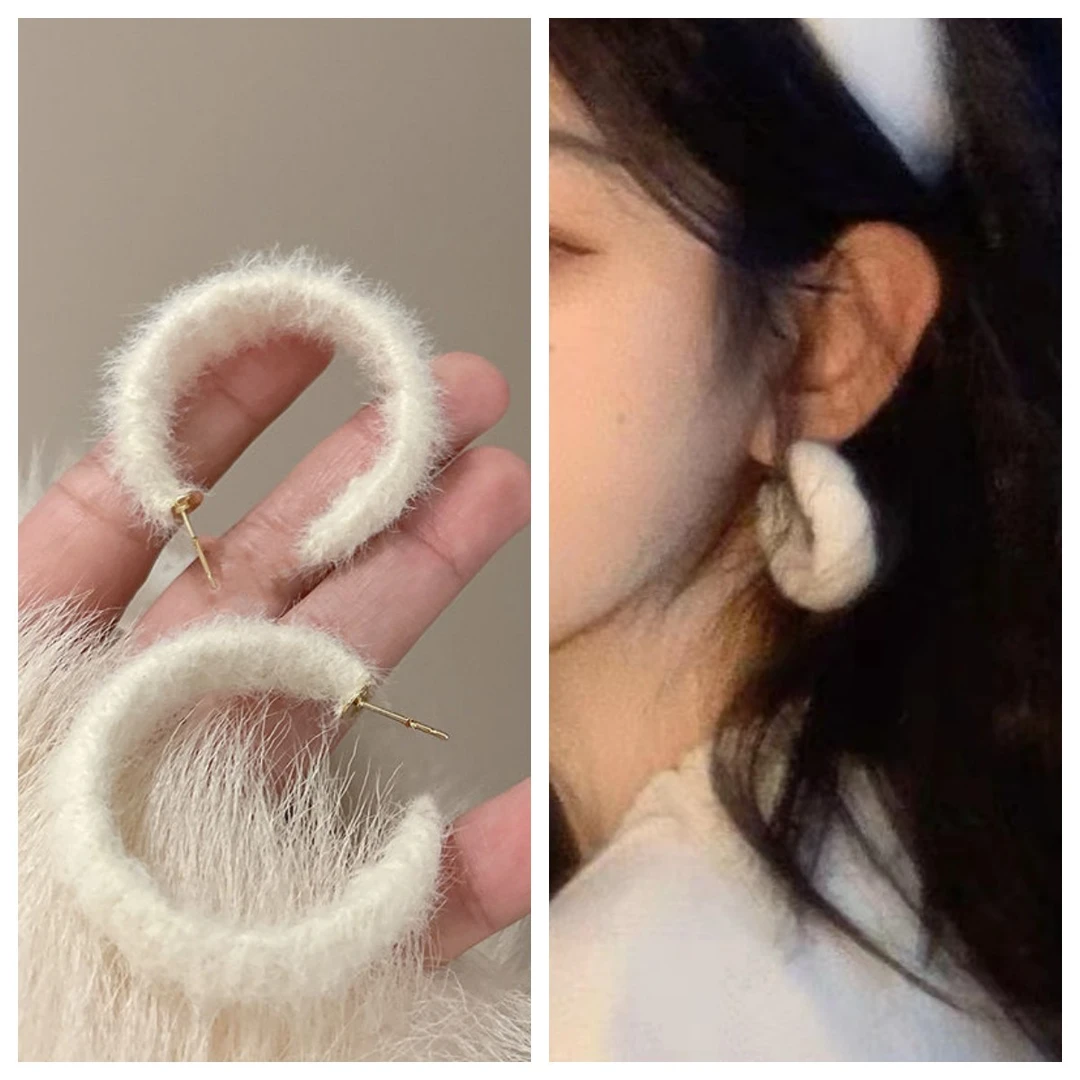 合金耳饰 【婉君Y】时尚毛绒耳饰秋冬爱心毛球潮流耳钉可爱女耳环