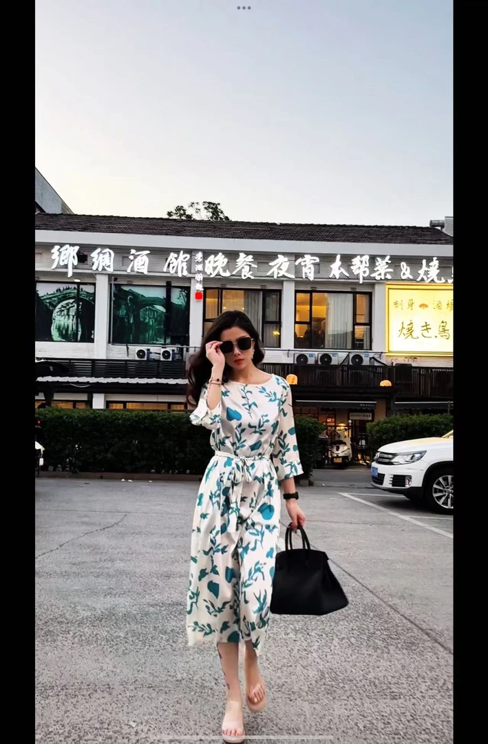【桑蚕丝大W】时尚夏季气质花色重磅桑蚕丝连衣裙25603