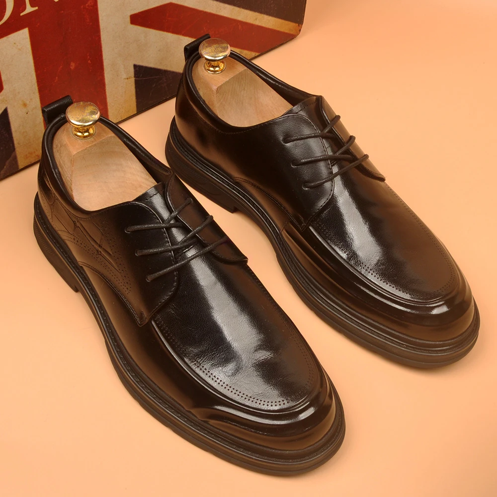 头层牛皮男士商务正装皮鞋系带素面百搭休闲皮鞋英伦风尖头皮鞋男